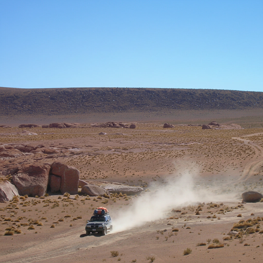 Private 4x4 driving along a dusty track through the rocky desert landscape of South Lipez.