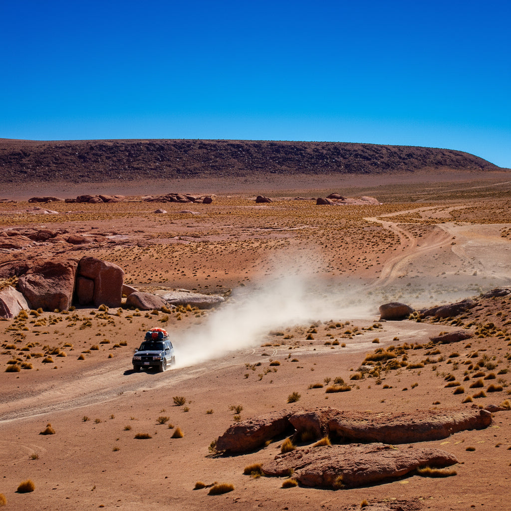 Private 4x4 driving along a dusty track through the rocky desert landscape of South Lipez.