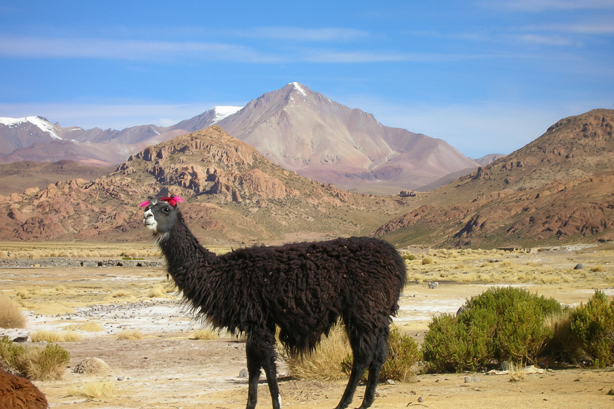 Llama standing in a desert landscape with mountains in the background.