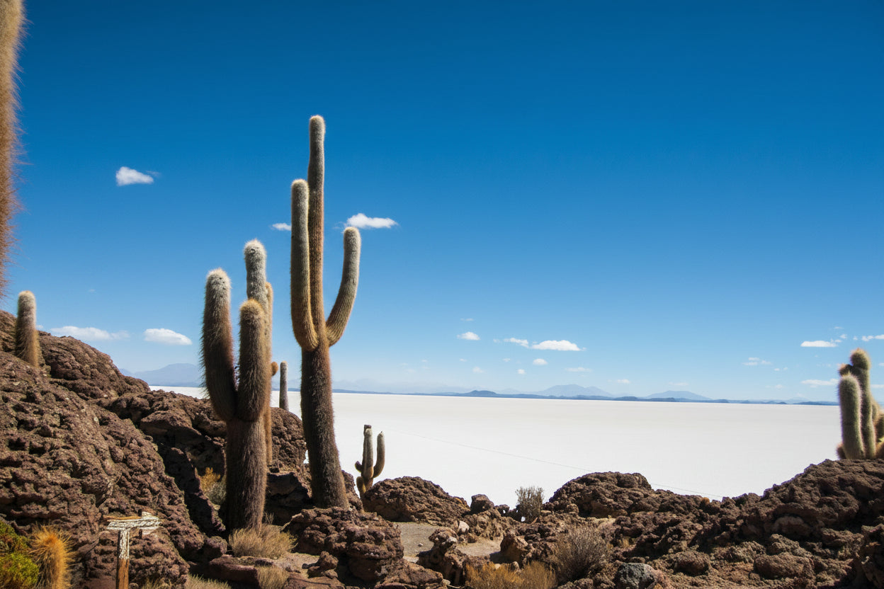 Giant ancient cacti rise over Incahuasi Island, offering spectacular panoramic views of the endless white expanse of the Uyuni Salt Flats.