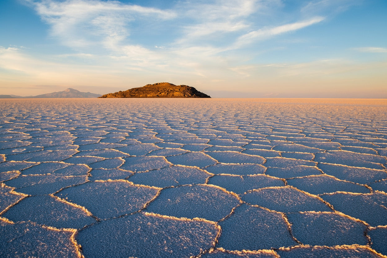 Desert landscape with a cracked at Uyuni Salt Flat and a small island in the distance.