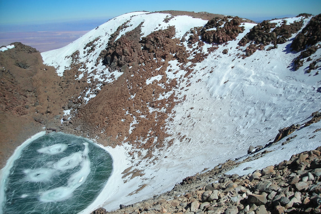 Frozen lagoon inside the crater of an Andean volcano in the Bolivian Altiplano, an extreme high-mountain landscape where snow, rock, and ice create a spectacular scenery in the Andes.