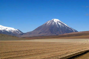 Desert landscape with a snow-capped mountain under a clear blue sky