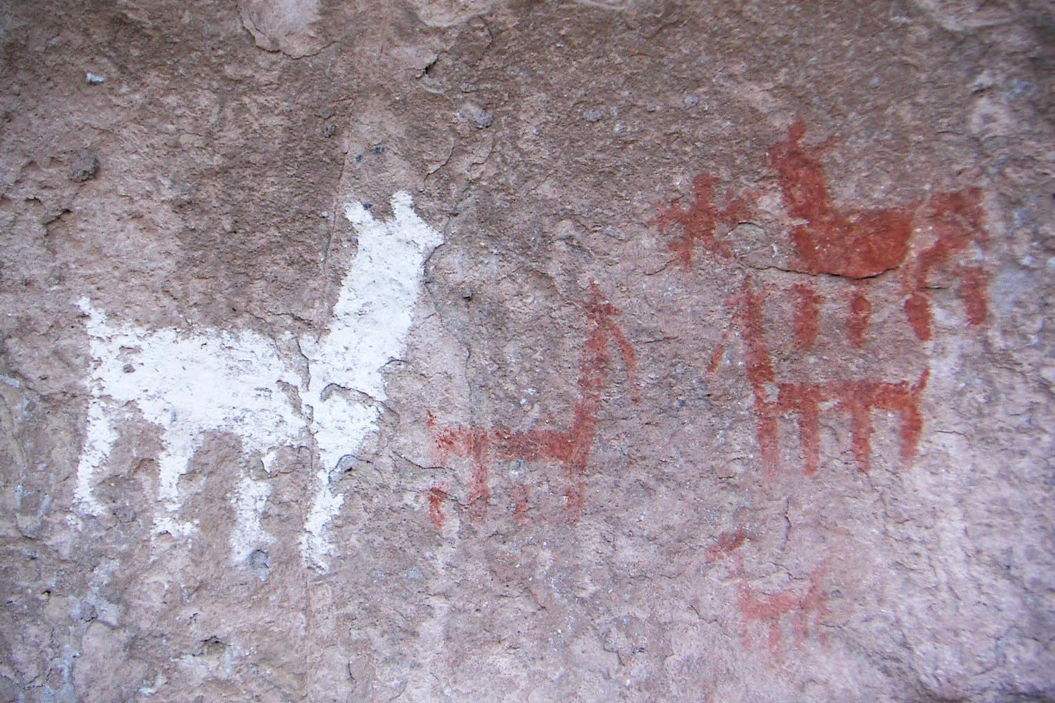 Prehistoric rock art with white and red figures on a textured stone surface.