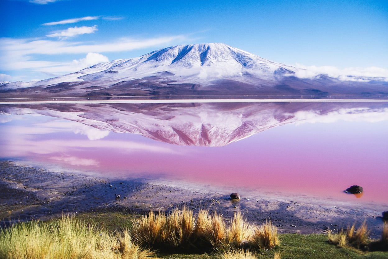 Snow-capped volcano reflected in the pink waters near Laguna Colorada in South Lipez, Bolivia