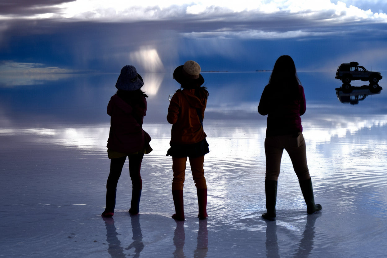 Three travelers on the reflective Uyuni Salt Flat with storm clouds and a 4x4 in the distance.