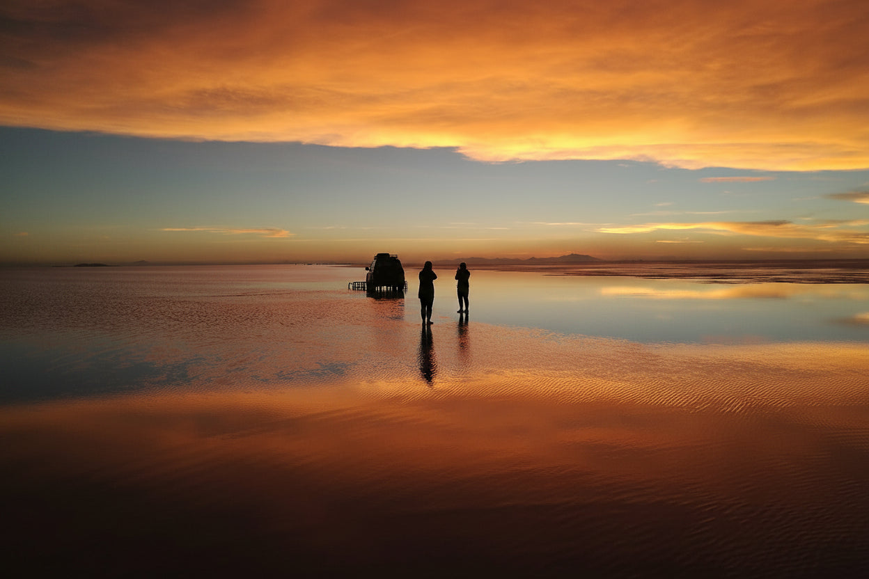 Two travelers standing near a 4x4 on the reflective Uyuni Salt Flat under a vivid orange sunset sky.