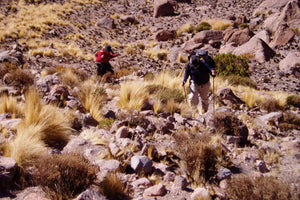 Adventurers hiking through high-mountain trails in the Bolivian Altiplano,