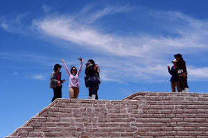 People standing on stone steps against a blue sky with white clouds