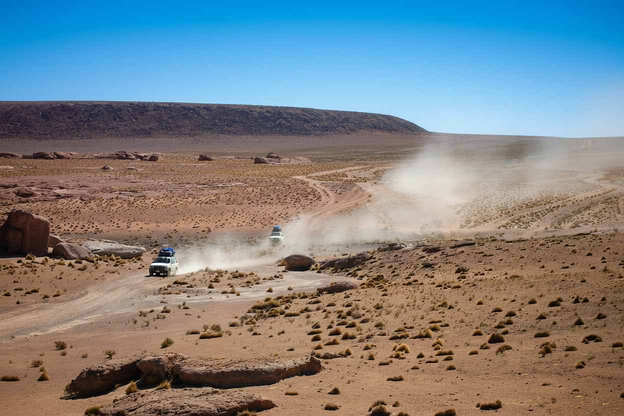 Two off-road vehicles driving on a dirt road in a Eduardo Avaroa national park landscape with a clear blue sky.